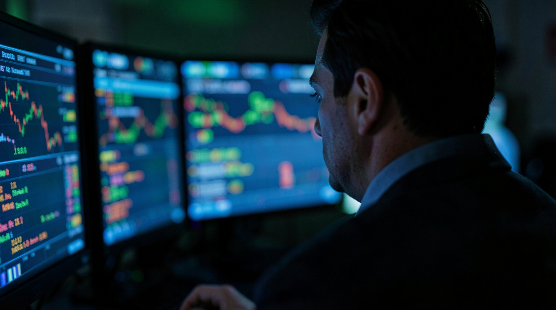 focused trader leaning forward at a large widescreen monitor in a modern home office, warm desk lamp casting light across the workspace, deep in concentration