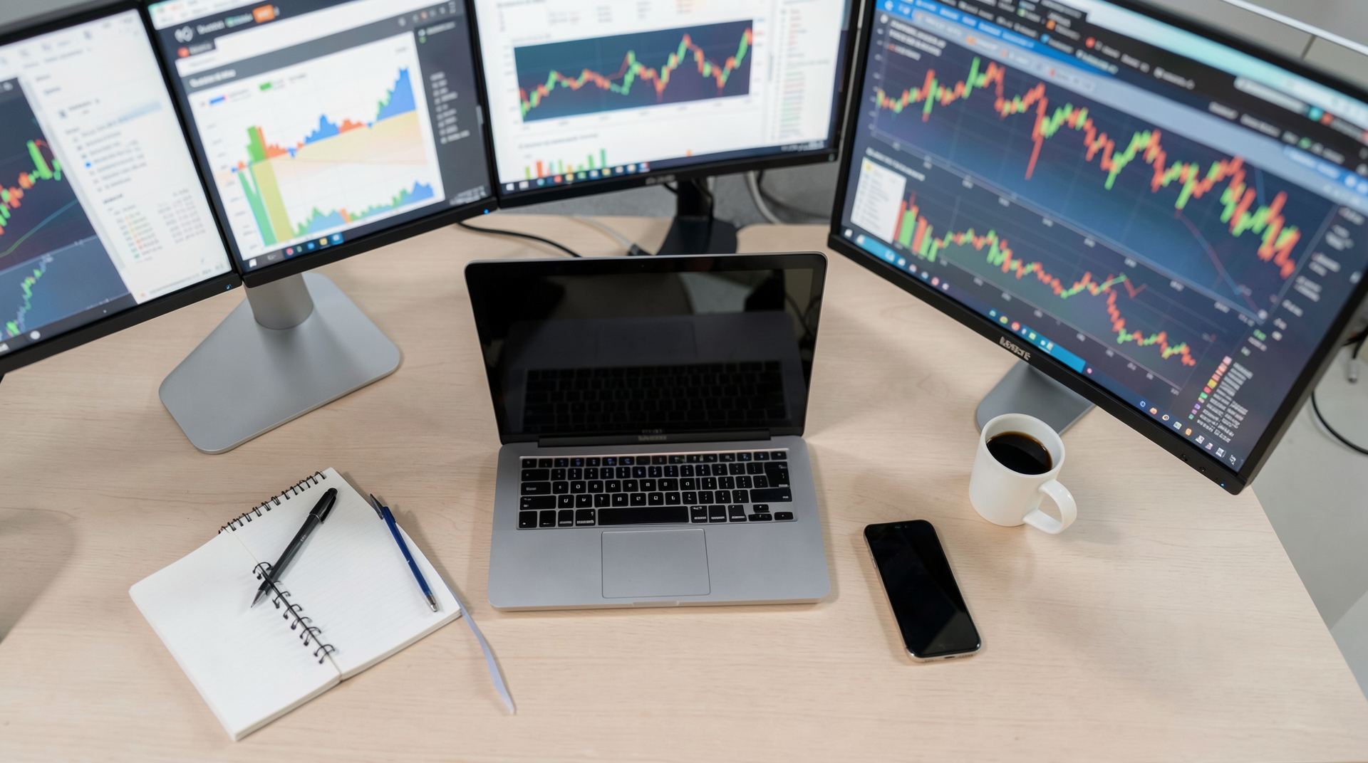 trader sitting back in a home office chair looking at dual monitors with relaxed posture, coffee mug on the desk, reviewing results after a completed session