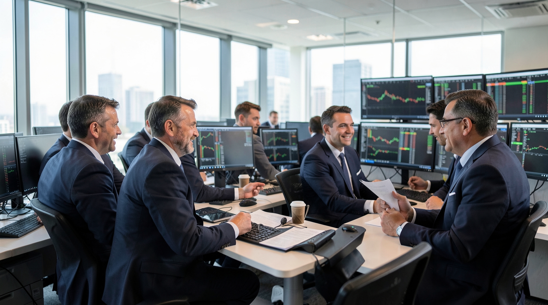group of traders collaborating in a bright modern open office with large screens showing live markets, natural light through wide windows, engaged and focused