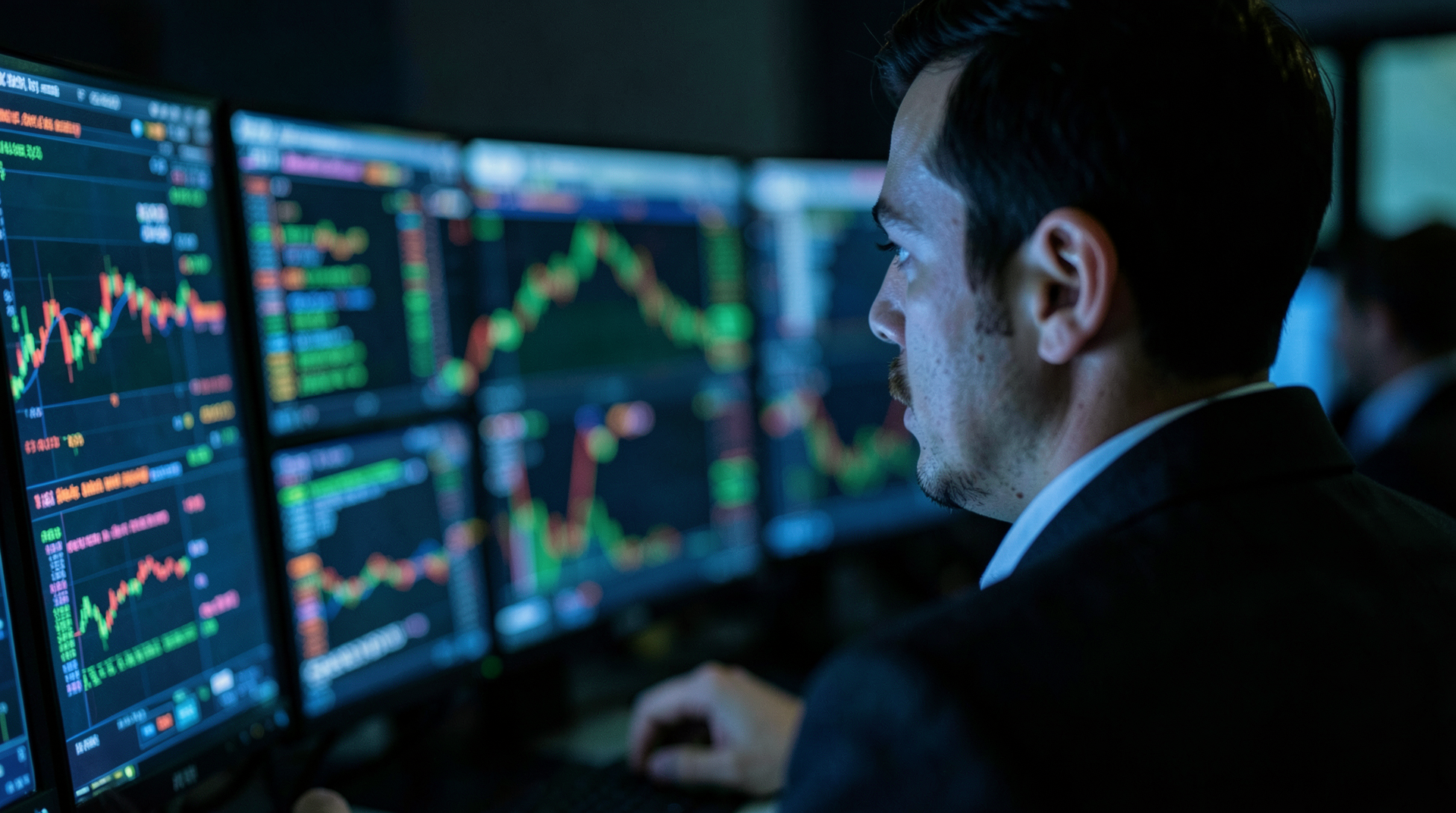 close-up of hands on keyboard with blurred colorful trading charts reflected in glasses, dark moody office lighting