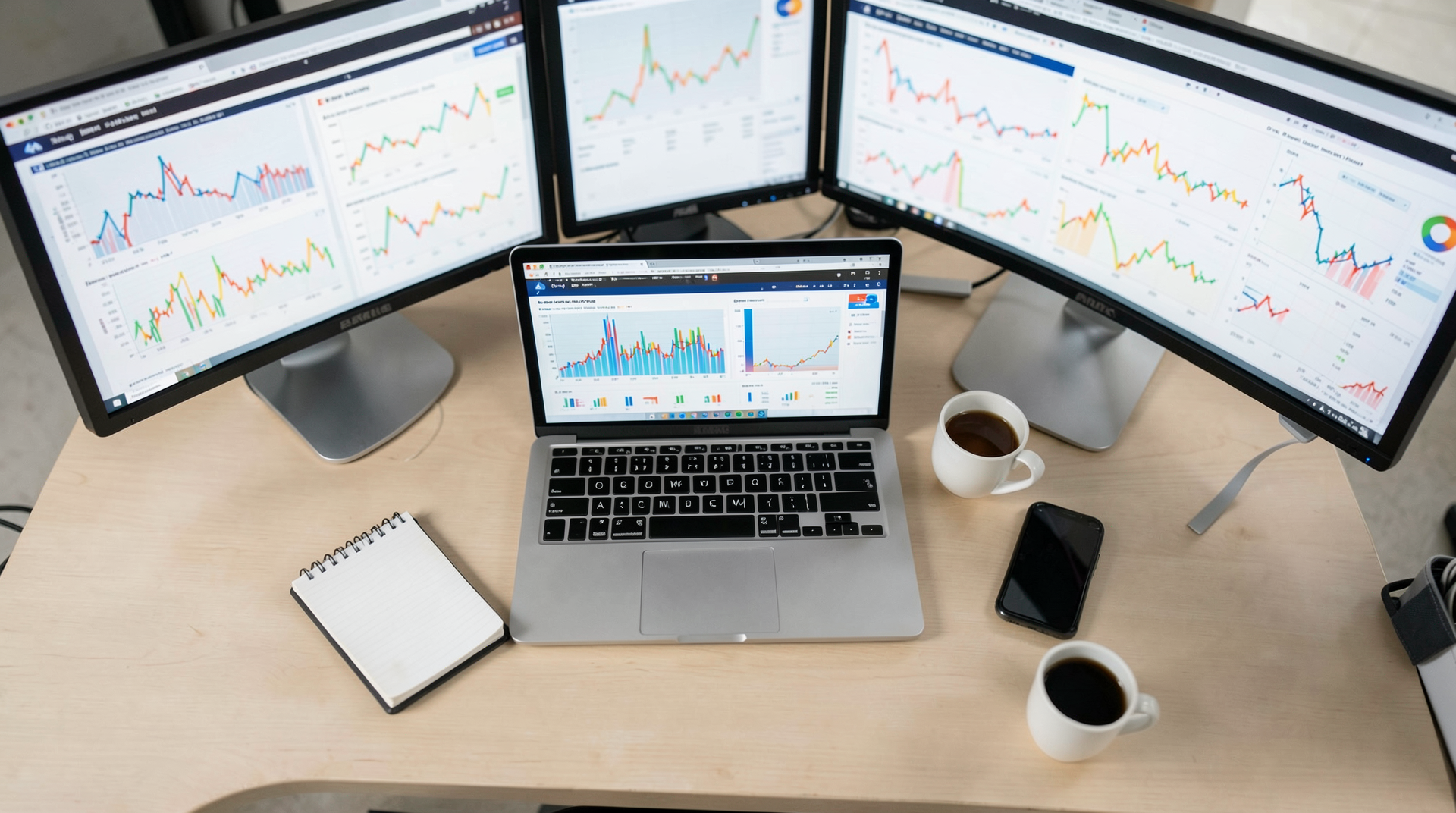 trader sitting back in ergonomic chair reviewing results on dual monitors, relaxed posture, coffee mug on desk, home office with warm lighting