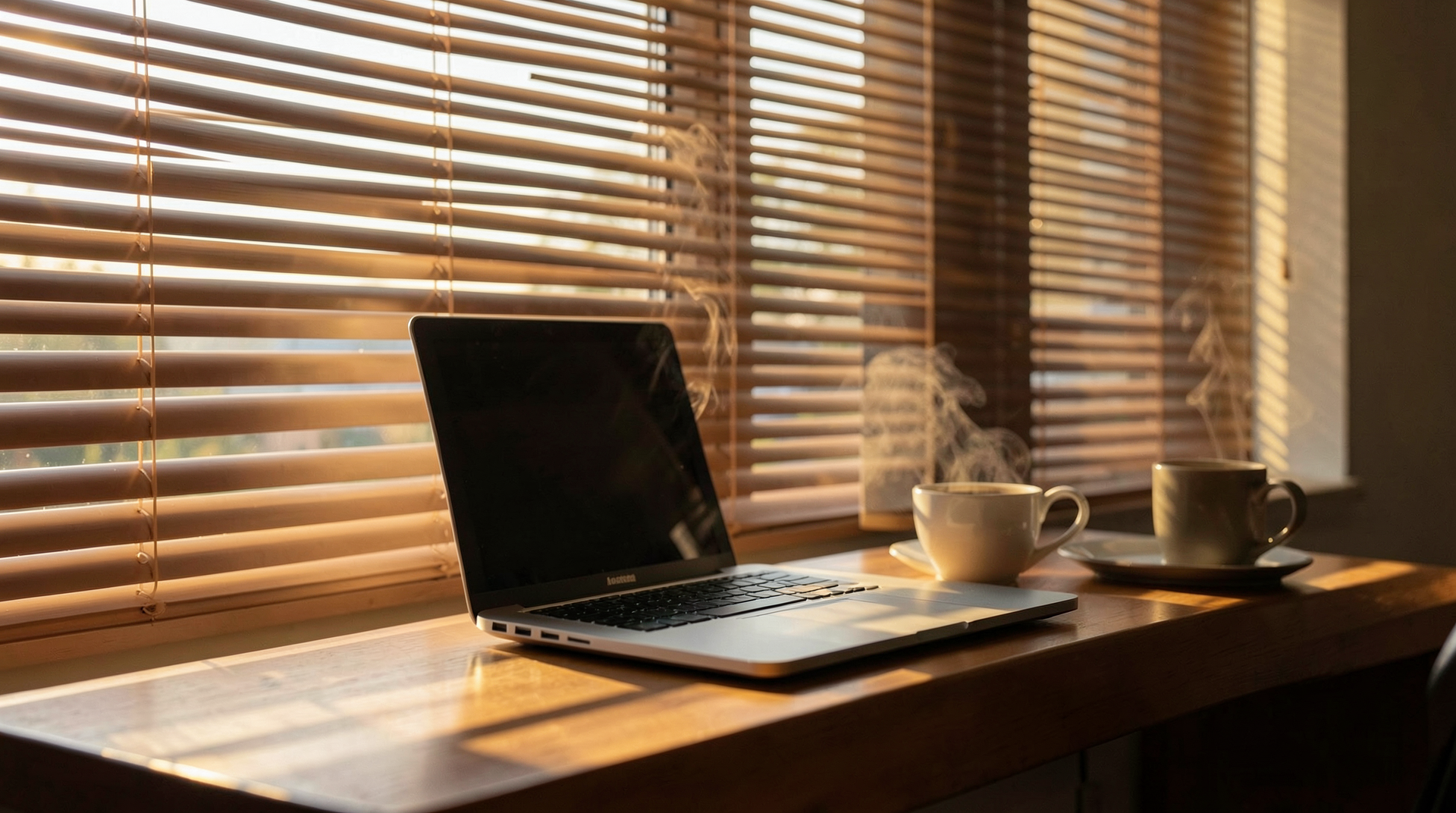 professional trader analyzing charts on laptop in modern minimalist workspace, morning light streaming through window